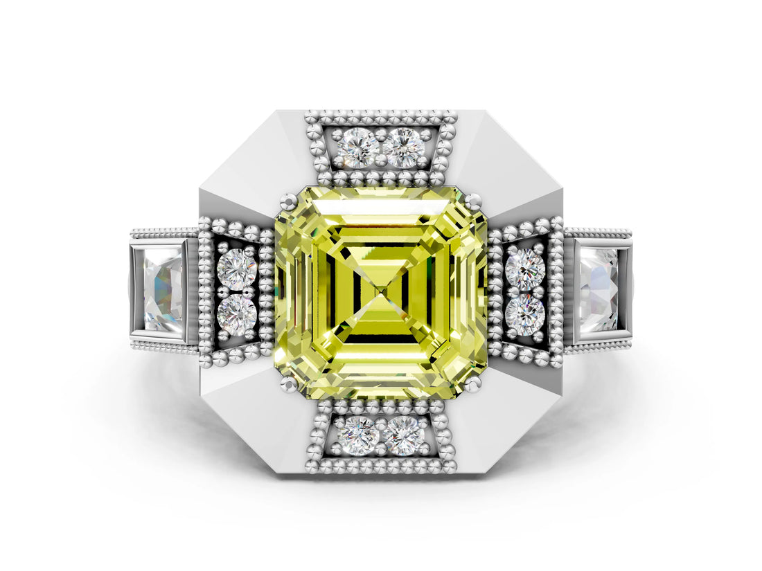 White gold Milgrain Fancy Yellow Asscher Cut Diamond Halo Split Shank Ring