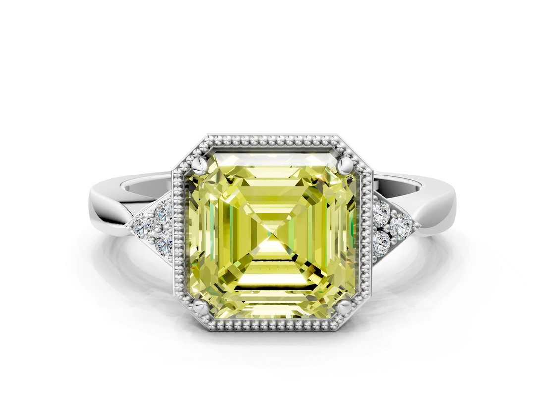 White gold Milgrain Fancy Yellow Asscher  Cut Diamond Ring with Tapered Pave Band and Four Prong Setting_17