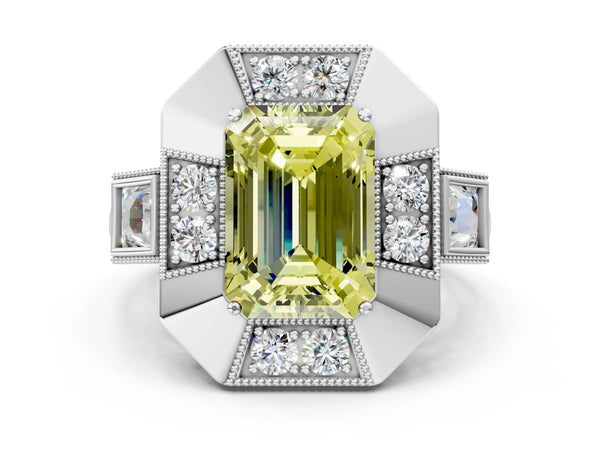 White Gold Emerald Cut Vintage Halo Engagement Ring Setting for Fancy Yellow Center - Design RJ-711