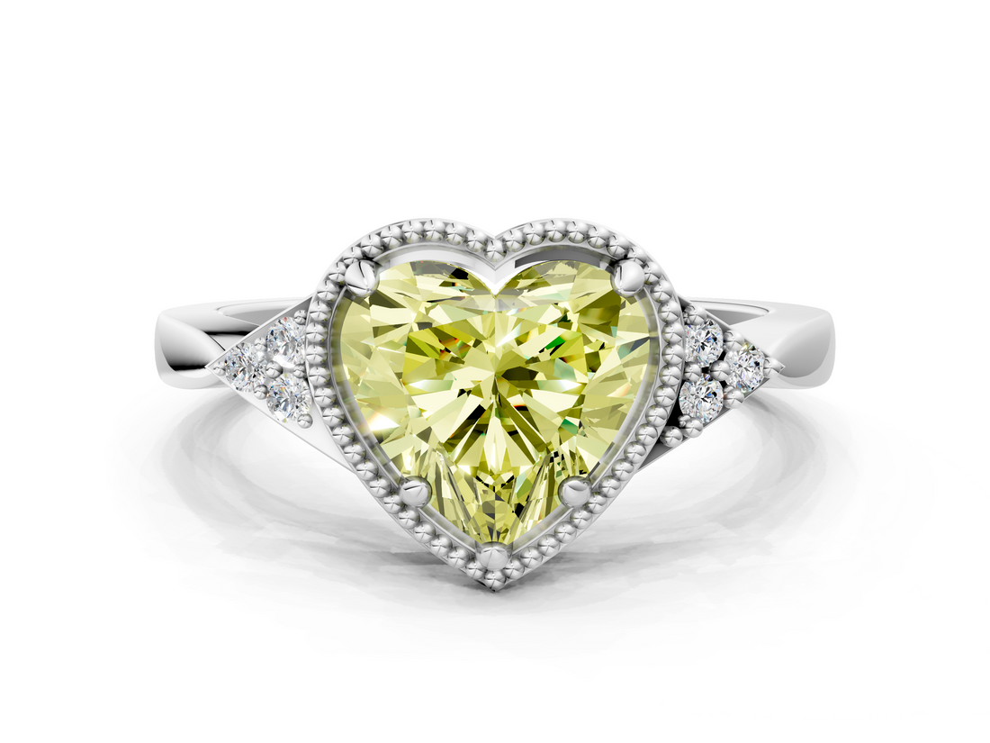 White gold Milgrain Fancy Yellow Heart  Cut Diamond Ring with Tapered Pave Band and Four Prong Setting_3