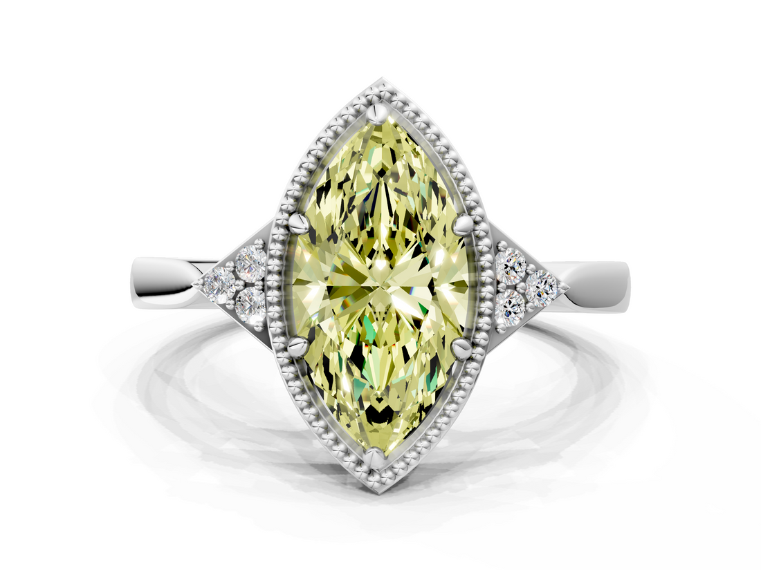 White gold Milgrain Fancy Yellow Marquise  Cut Diamond Ring with Tapered Pave Band and Four Prong Setting