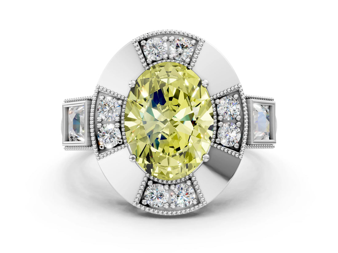 White gold Milgrain Fancy Yellow Oval Cut Diamond Halo Split Shank Ring_12
