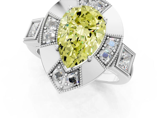 White Gold Pear-Shaped Vintage Halo Engagement Ring Setting for Fancy Yellow Center - Design RJ-711