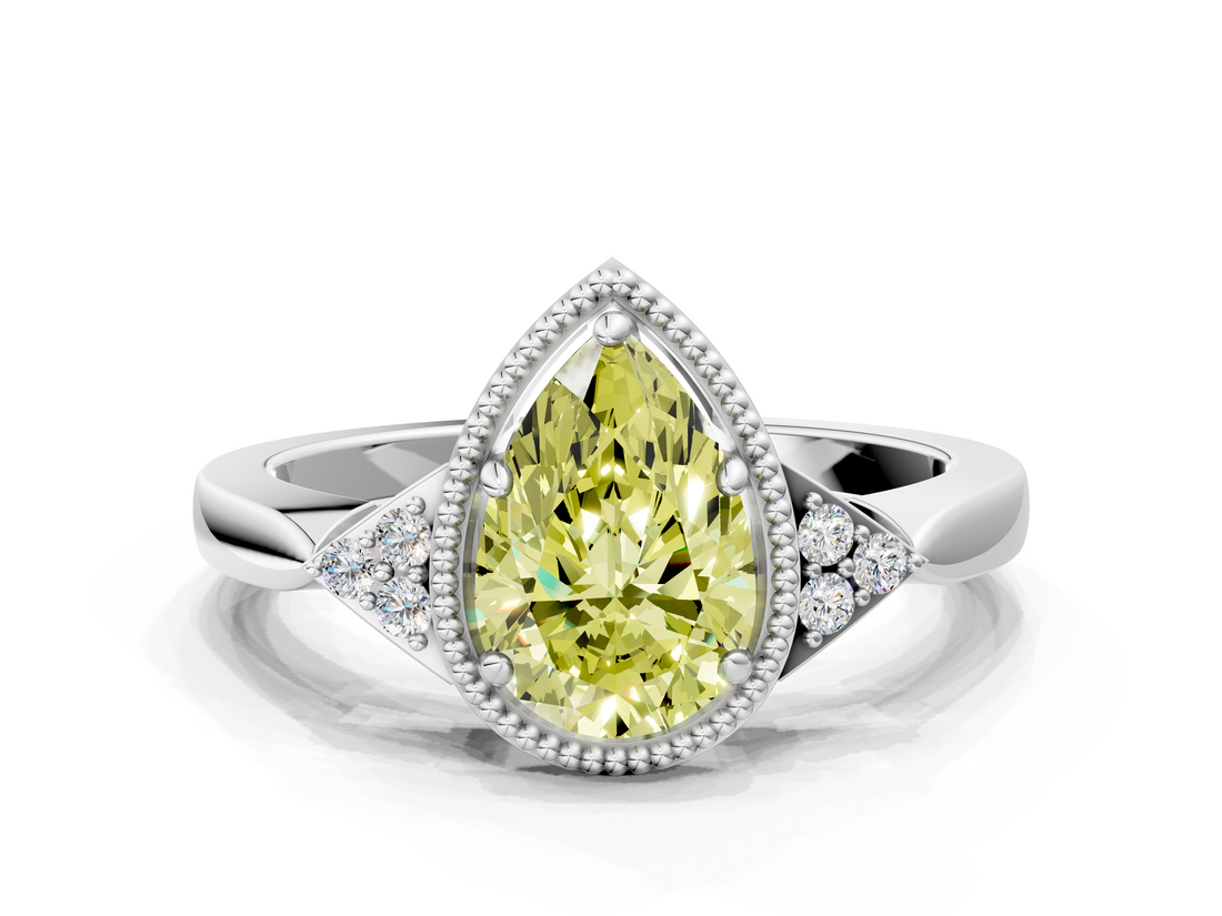 White gold Milgrain Fancy Yellow Pear  Cut Diamond Ring with Tapered Pave Band and Four Prong Setting_3