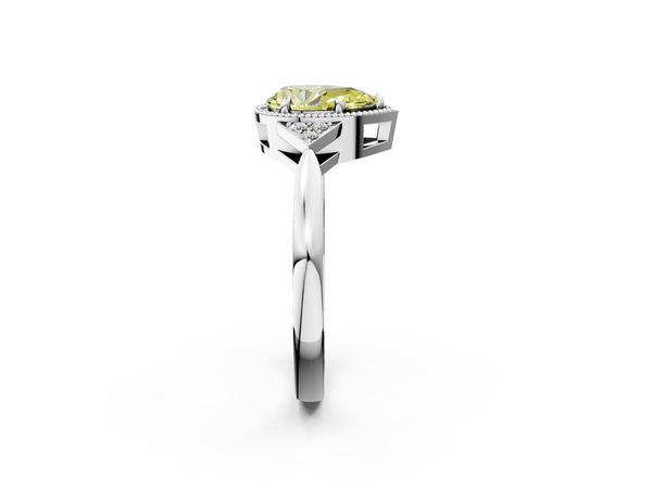 Platinum Milgrain Fancy Yellow Pear  Cut Diamond Ring with Tapered Pave Band and Four Prong Setting