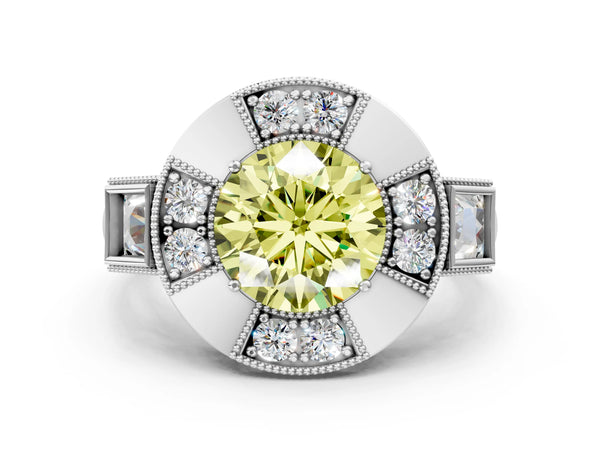 White Gold Round Vintage Halo Engagement Ring Setting for Fancy Yellow Center - Design RJ-711