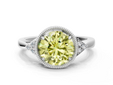White gold Milgrain Fancy Yellow Round  Cut Diamond Ring with Tapered Pave Band and Four Prong Setting