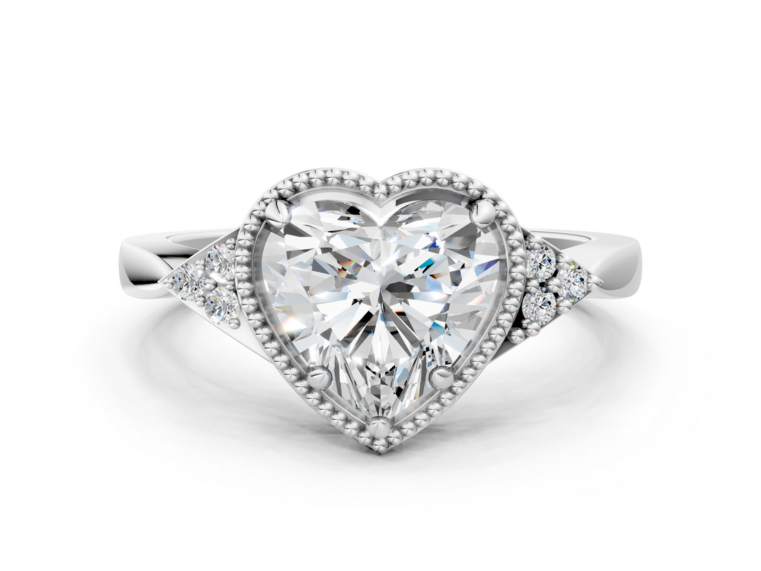 White gold Milgrain Heart Cut Diamond Ring with Tapered Pave Band and Four Prong Setting_3