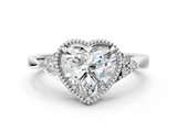 White gold Milgrain Heart Cut Diamond Ring with Tapered Pave Band and Four Prong Setting_3