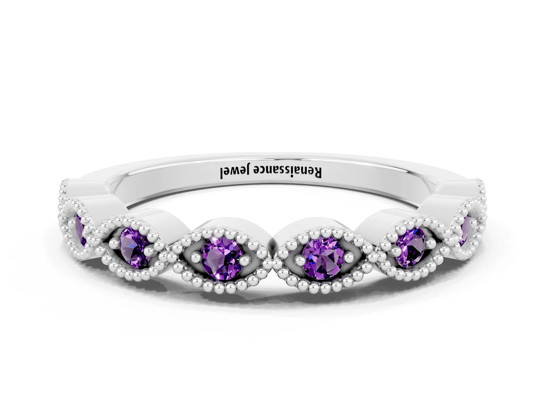 White gold Milgrain Marquise Amethyst Half Eternity Band with Bezel Setting_18