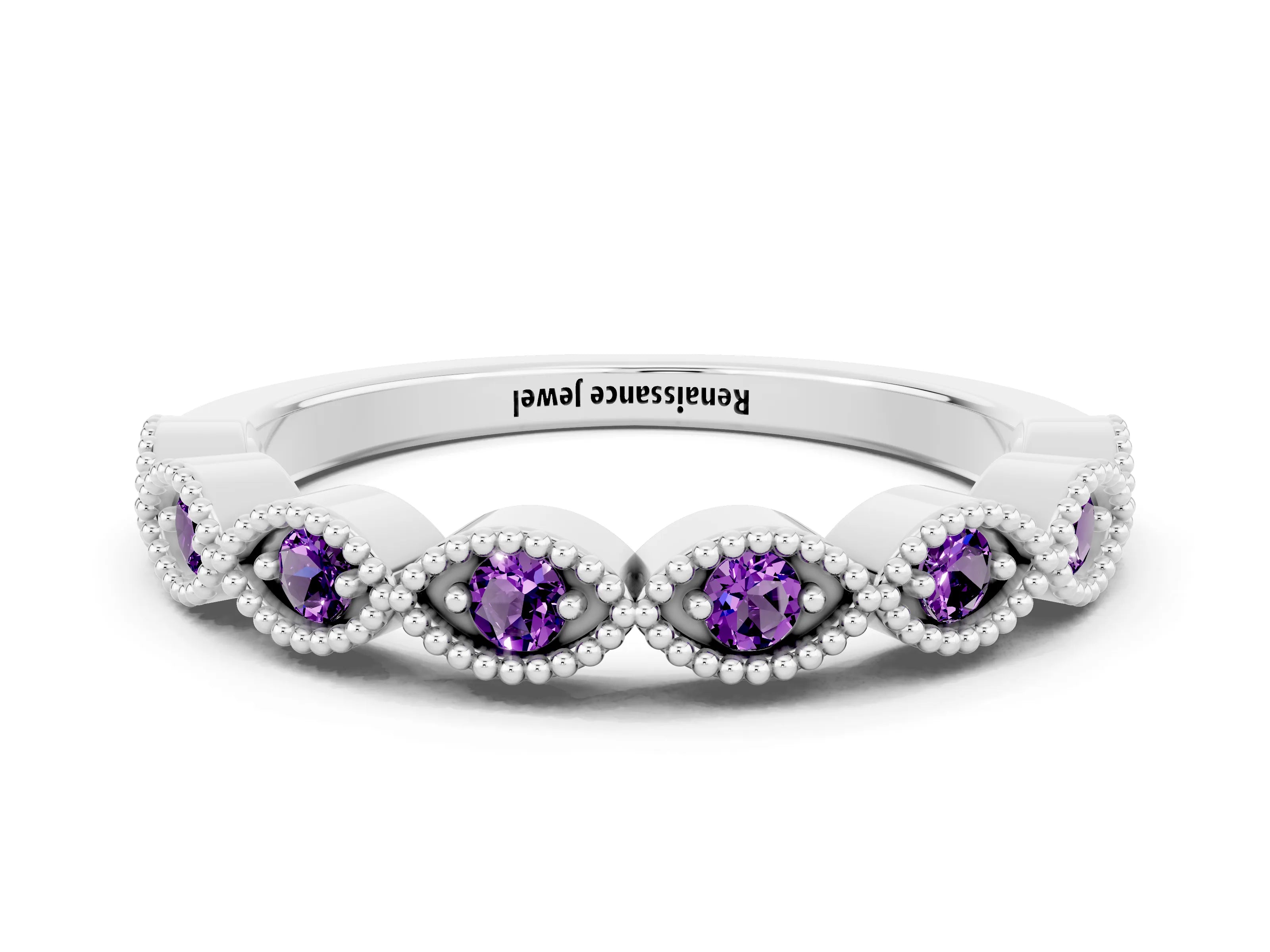 White gold Milgrain Marquise Amethyst Half Eternity Band with Bezel Setting_6