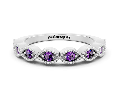 White gold Milgrain Marquise Amethyst Half Eternity Band with Bezel Setting_6