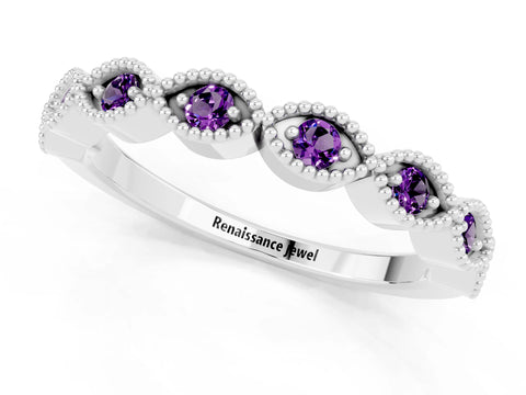 White gold Milgrain Marquise Amethyst Half Eternity Band with Bezel Setting_7