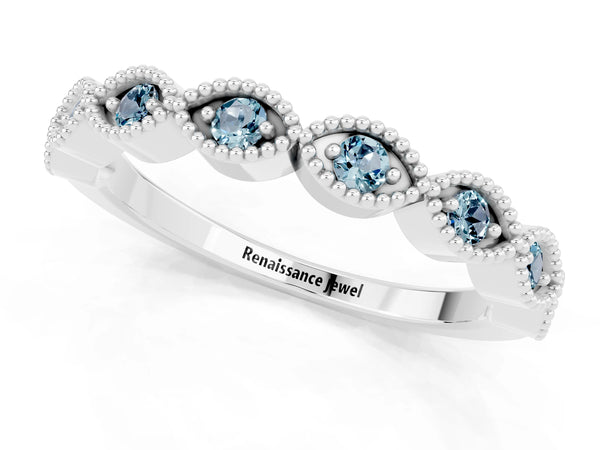 Platinum Round Aquamarine Vintage Milgrain Marquise Frame Half Eternity Band