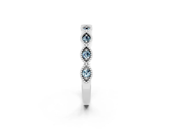 White Gold Round Aquamarine Vintage Milgrain Marquise Frame Half Eternity Band