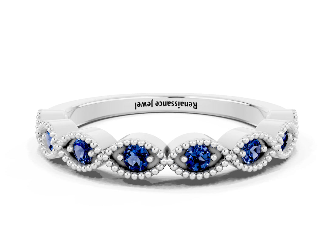 White gold Milgrain Marquise Blue Sapphire Half Eternity Band with Bezel Setting_18