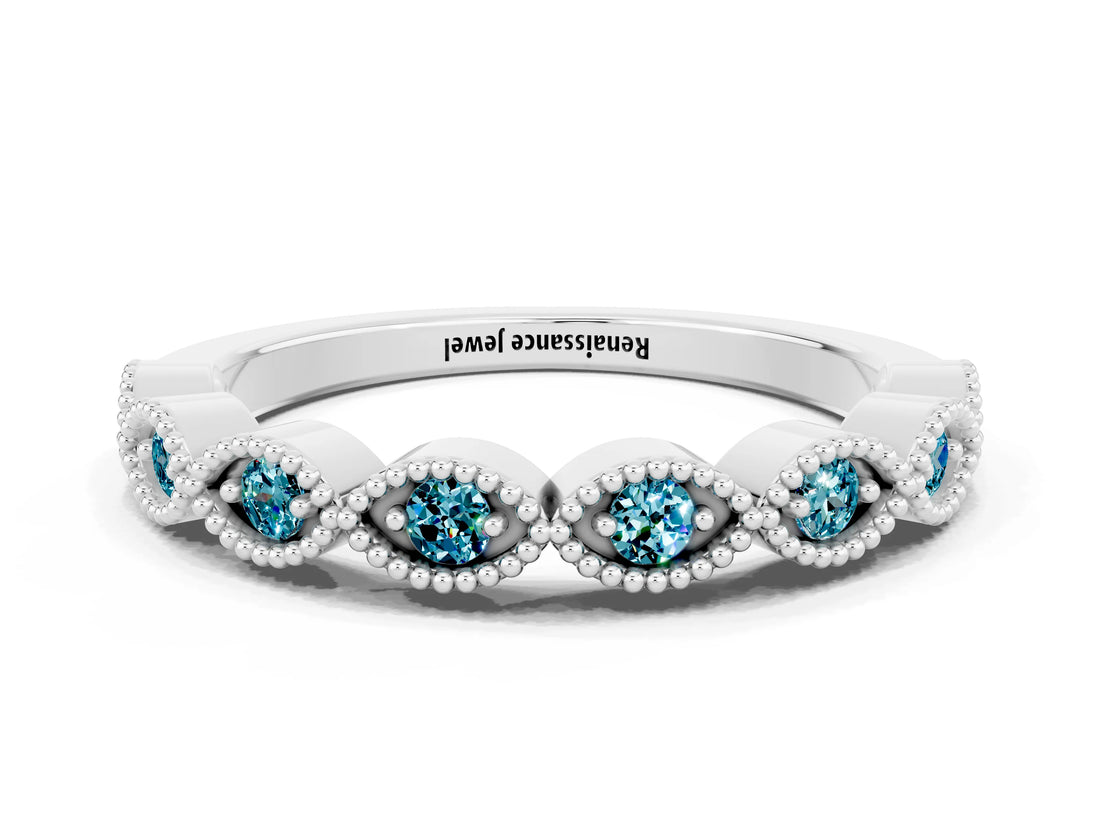White gold Milgrain Marquise Blue Topaz Half Eternity Band with Bezel Setting_54
