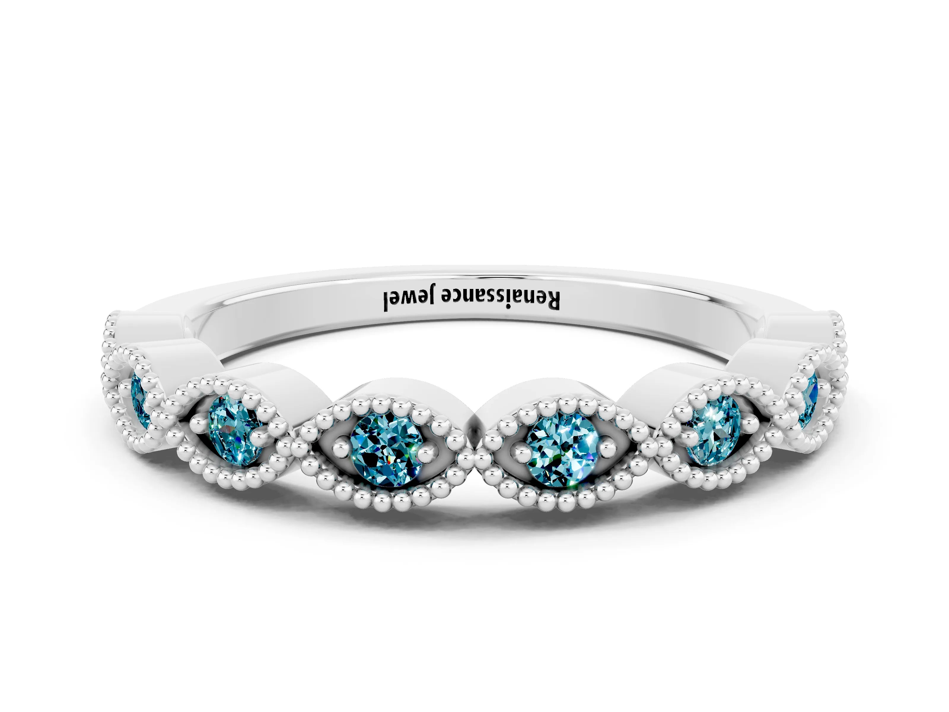 White gold Milgrain Marquise Blue Topaz Half Eternity Band with Bezel Setting_6