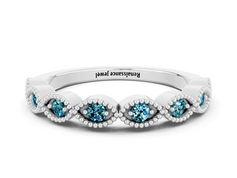 White gold Milgrain Marquise Blue Topaz Half Eternity Band with Bezel Setting_6