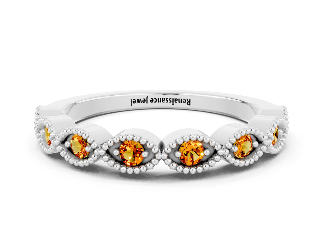 White gold Milgrain Marquise Citrine Half Eternity Band with Bezel Setting_30