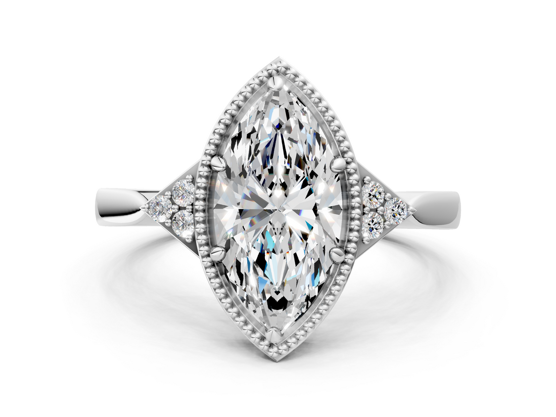 White gold Milgrain Marquise Cut Diamond Ring with Tapered Pave Band and Four Prong Setting_3