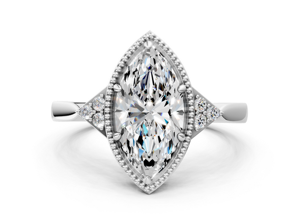 White gold Milgrain Marquise Cut Diamond Ring with Tapered Pave Band and Four Prong Setting
