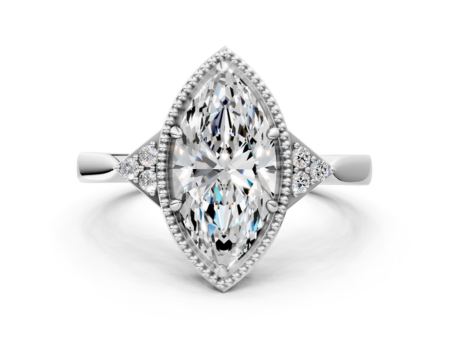 White gold Milgrain Marquise Cut Diamond Ring with Tapered Pave Band and Four Prong Setting