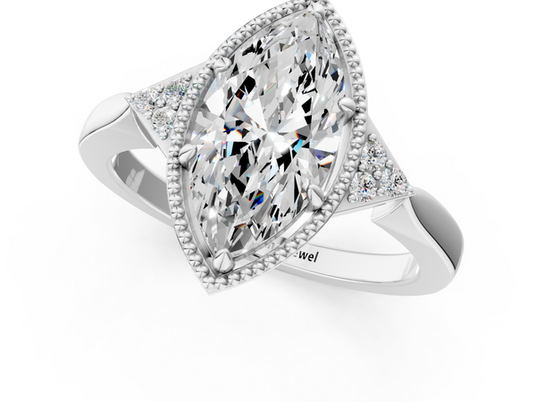 White gold Milgrain Marquise Cut Diamond Ring with Tapered Pave Band and Four Prong Setting