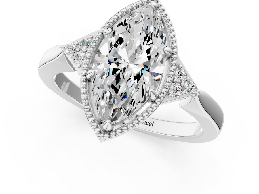 White gold Milgrain Marquise Cut Diamond Ring with Tapered Pave Band and Four Prong Setting