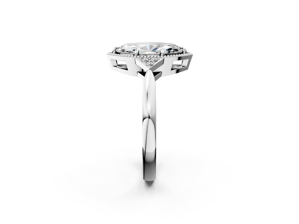 White gold Milgrain Marquise Cut Diamond Ring with Tapered Pave Band and Four Prong Setting