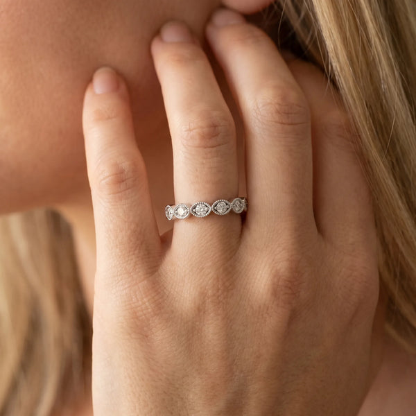 White gold Milgrain Marquise Diamond Eternity Band with Bezel Setting