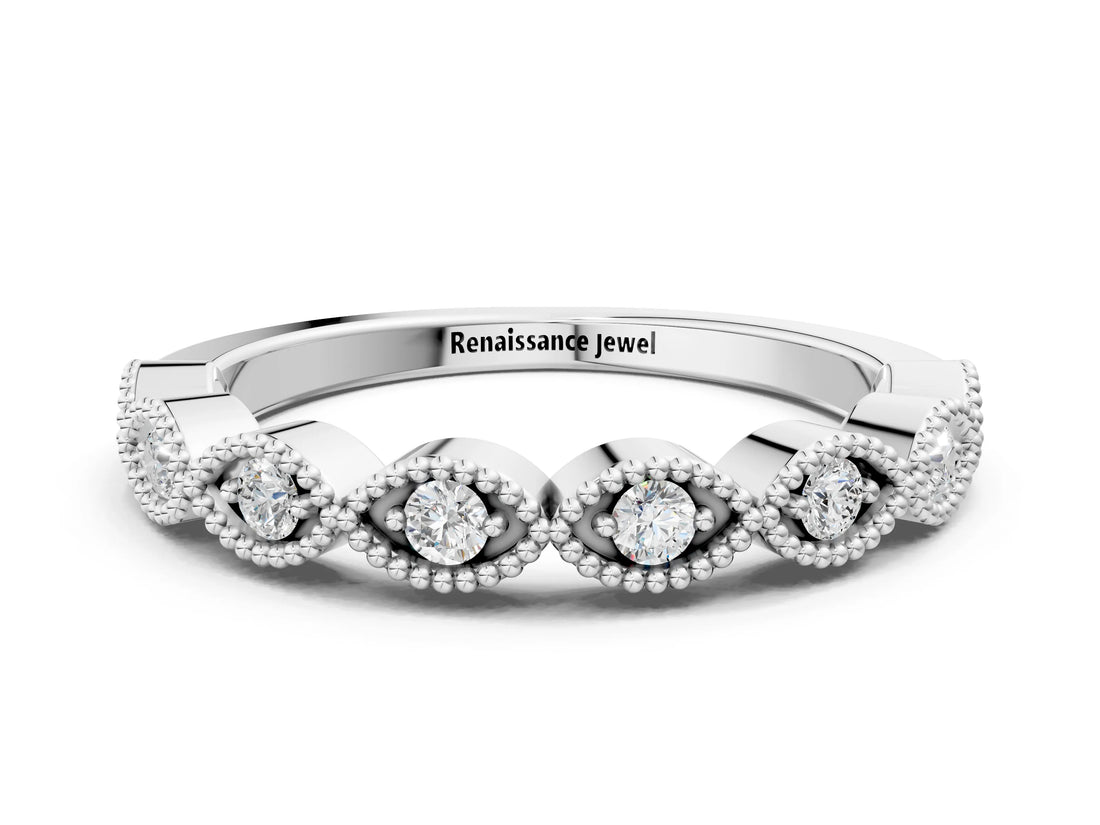White gold Milgrain Marquise Diamond Half Eternity Band with Bezel Setting_51