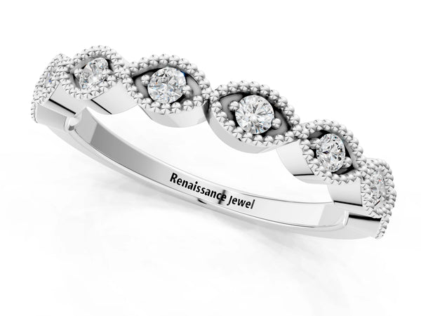 White gold Milgrain Marquise Diamond Half Eternity Band with Bezel Setting