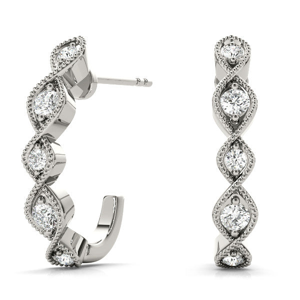 White gold Milgrain Marquise Diamond Hoop Earrings with Bezel Setting