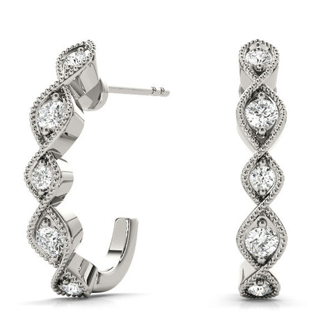 White gold Milgrain Marquise Diamond Hoop Earrings with Bezel Setting
