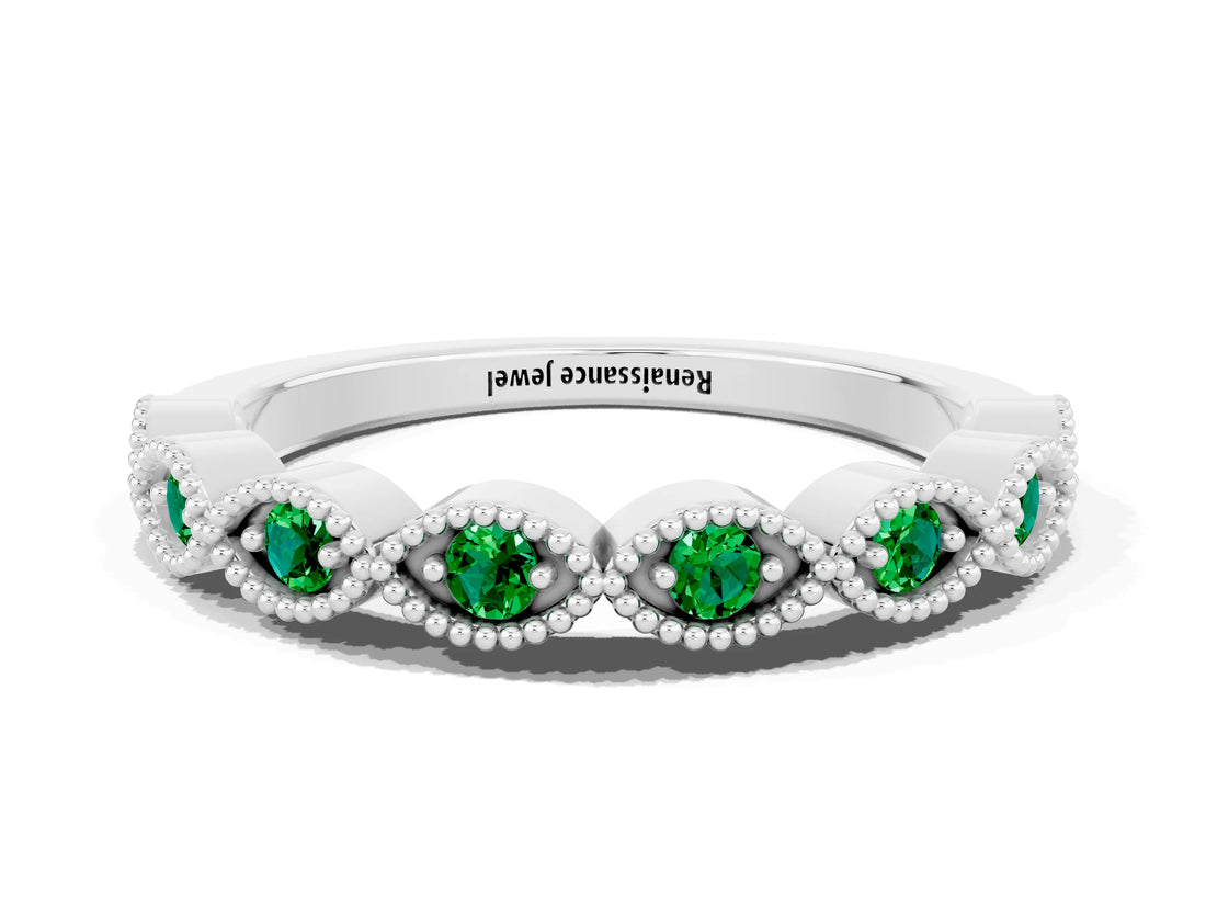 White gold Milgrain Marquise Emerald Half Eternity Band with Bezel Setting_18