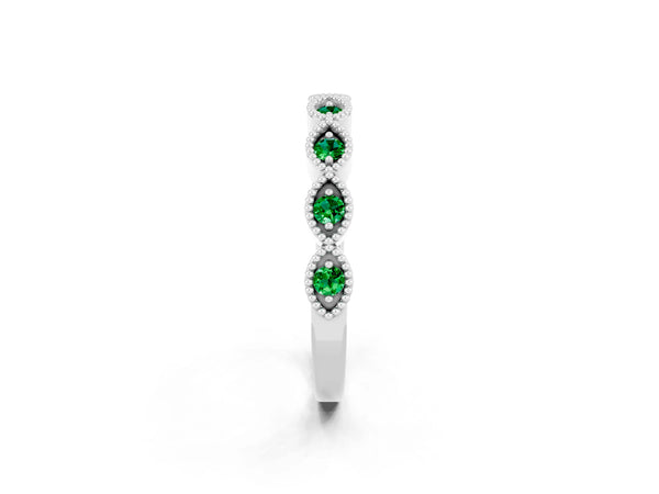 White Gold Round Lab-Grown Emerald Vintage Milgrain Marquise Frame Half Eternity Band