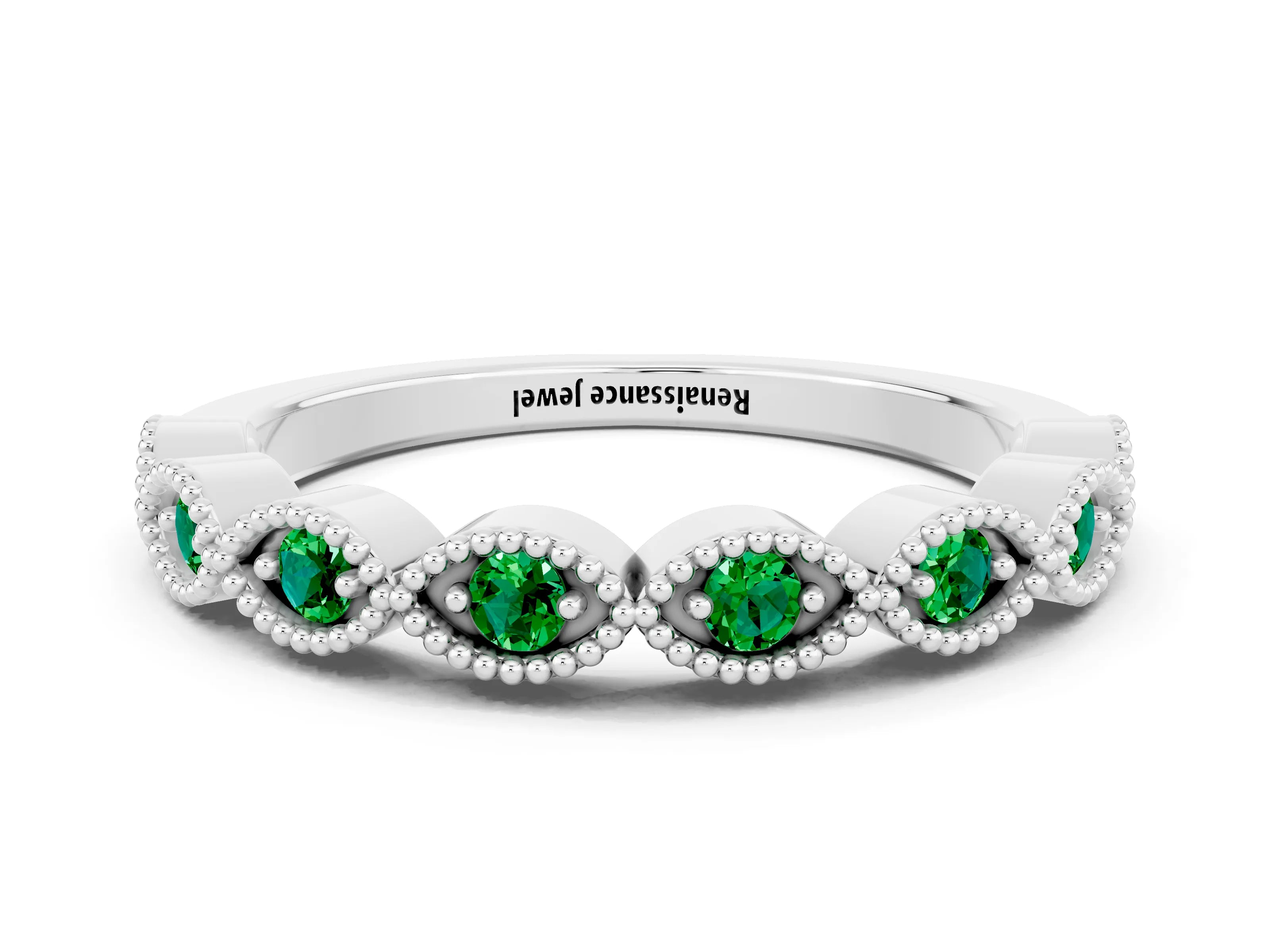 White gold Milgrain Marquise Emerald Half Eternity Band with Bezel Setting_6