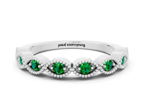 White gold Milgrain Marquise Emerald Half Eternity Band with Bezel Setting_6