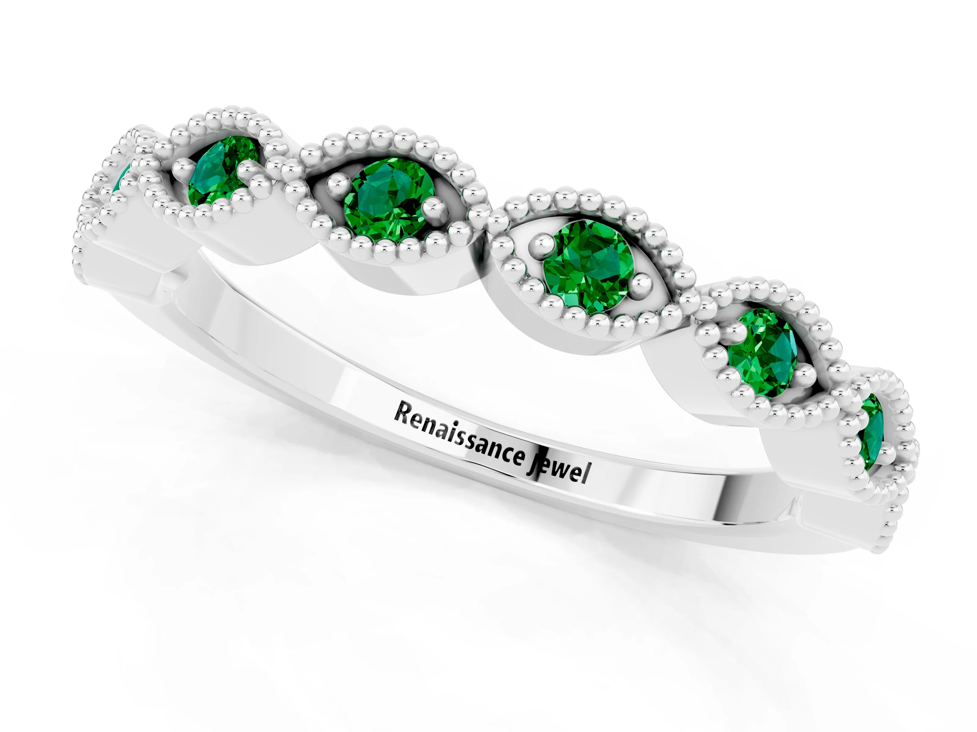 White gold Milgrain Marquise Emerald Half Eternity Band with Bezel Setting_7