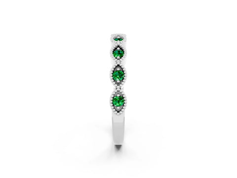 White gold Milgrain Marquise Emerald Half Eternity Band with Bezel Setting_8