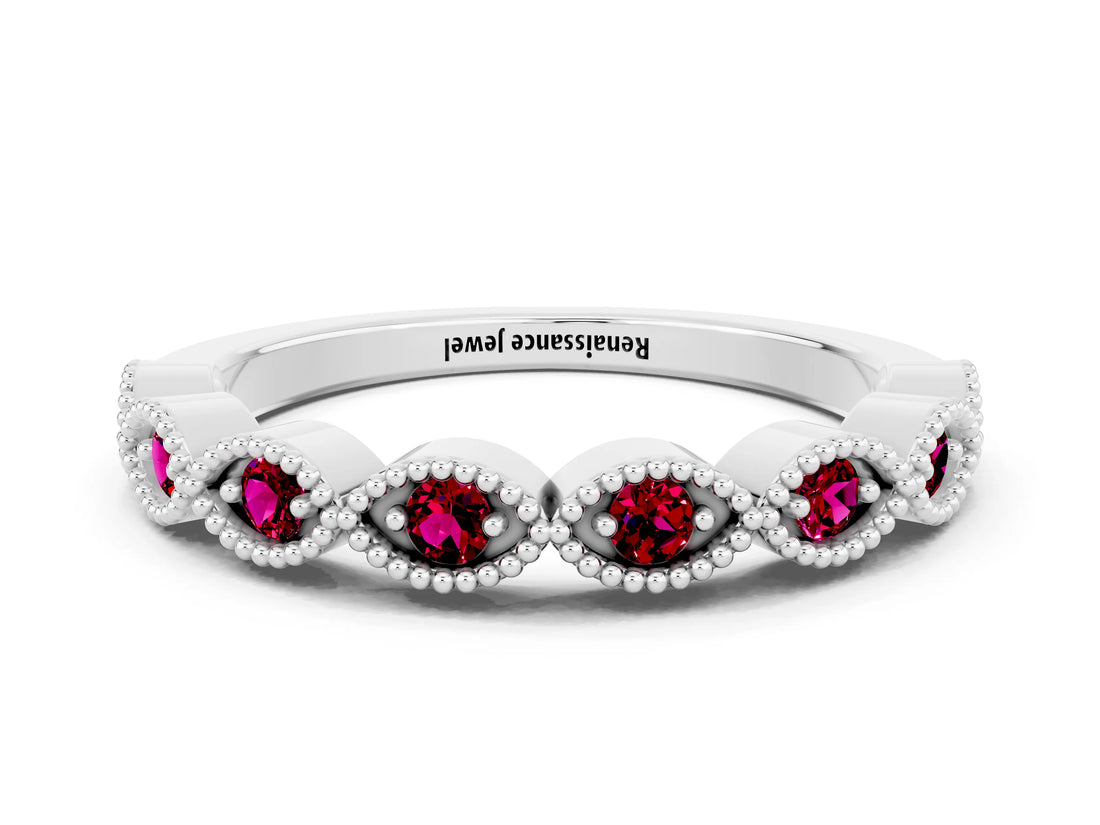White gold Milgrain Marquise Garnet Half Eternity Band with Bezel Setting_30