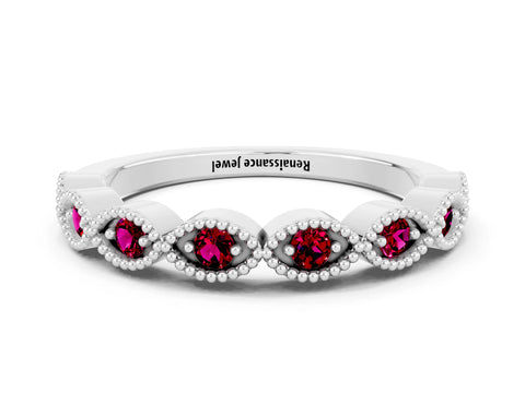 White gold Milgrain Marquise Garnet Half Eternity Band with Bezel Setting_6