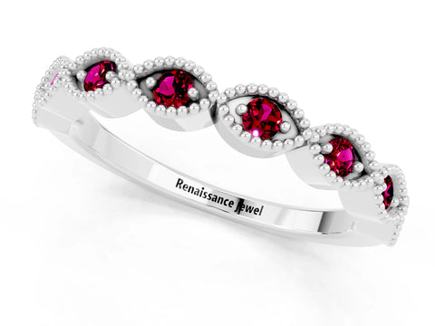 White gold Milgrain Marquise Garnet Half Eternity Band with Bezel Setting_7