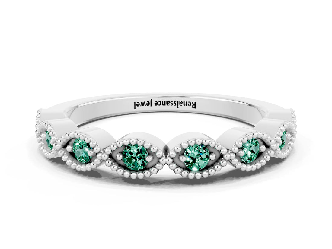 White gold Milgrain Marquise Green Sapphire Half Eternity Band with Bezel Setting_30