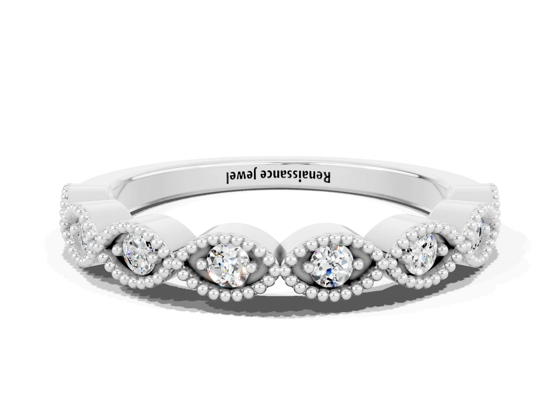 White gold Milgrain Marquise Moissanite Half Eternity Band with Bezel Setting_18