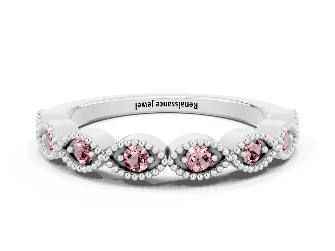 White gold Milgrain Marquise Morganite Half Eternity Band with Bezel Setting_18
