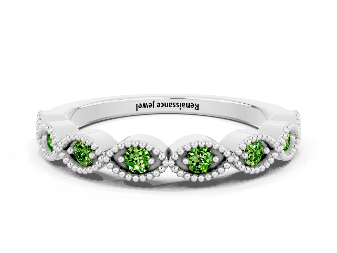 White gold Milgrain Marquise Peridot Half Eternity Band with Bezel Setting_18