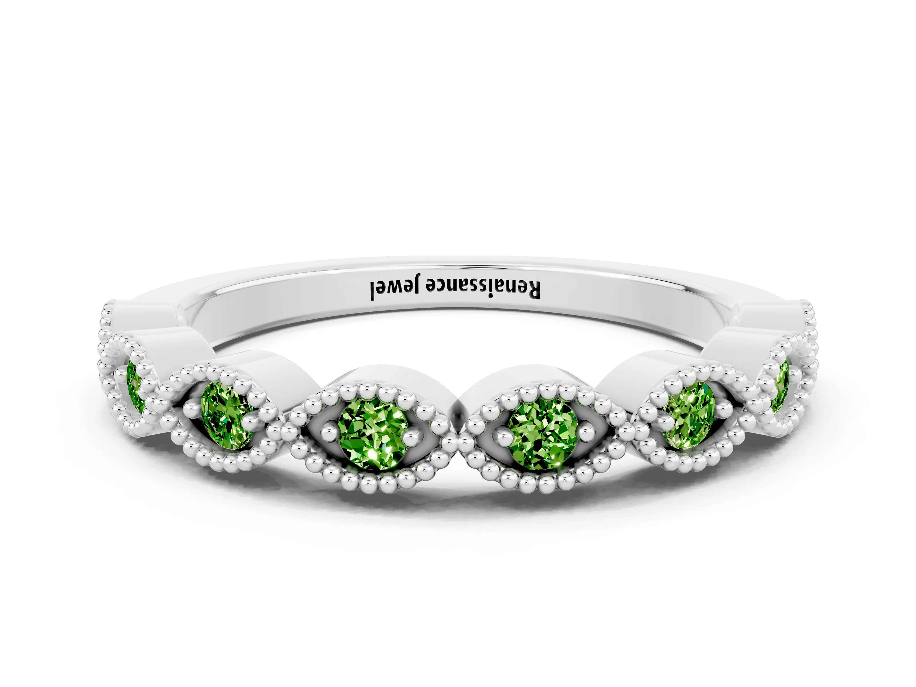 White gold Milgrain Marquise Peridot Half Eternity Band with Bezel Setting_6