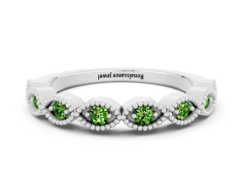 White gold Milgrain Marquise Peridot Half Eternity Band with Bezel Setting_6